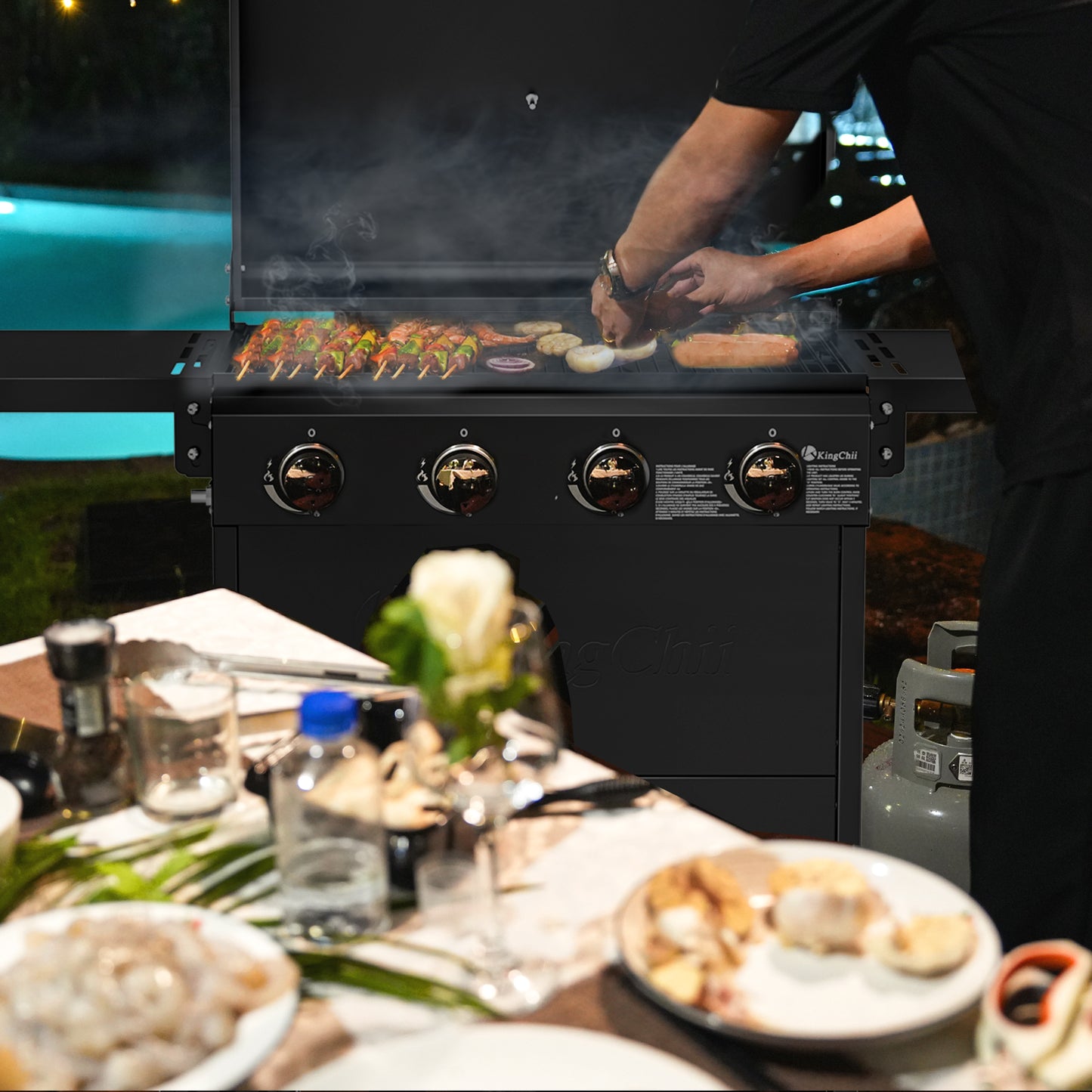 KingChii 4-Burner Gas Grill 38,000 BTUs Propane Grill with Side Tables for Outdoor Grilling, BBQs and Camping