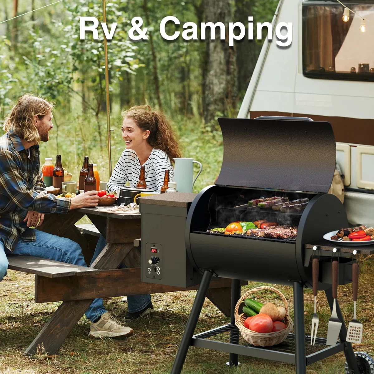 Kingchii 456 SQ.IN Pellet Grill Smoker With Side Shelf, BBQ Grill With PID Temperature Control For Outdoor Cooking, BBQ Camping And Patio