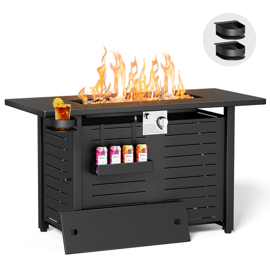 KingChii 45 inch Propane Fire Pit with Lid, Glass Stone and Rain Cover, 60,000 BTU Steel Gas Fire Pit Table for Outdoor, Garden, Patio and Backyard, Black