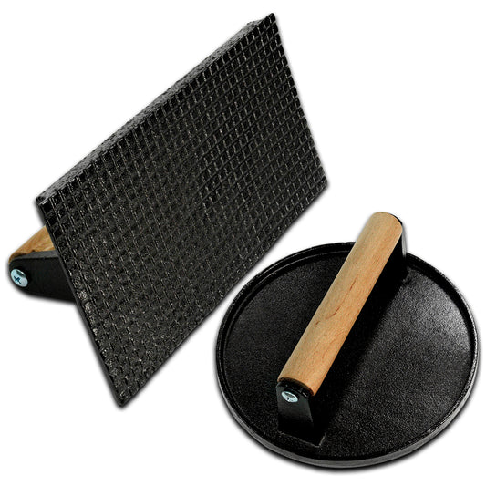 KingChii Burger Press 8.3”X4.3” Rectangle & 7.1" Round Heavy-Duty Cast Iron Meat Steak with Wooden Handles for KingChii Propane Griddle Grills (Round & Rectangle)