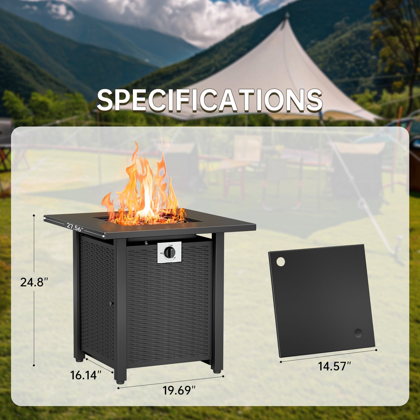 KingChii 28 inch Propane Fire Pit with Lid and Lava Rock, 50,000 BTU Steel Gas Fire Pit Table for Outdoor, Garden, Patio and Backyard, Black