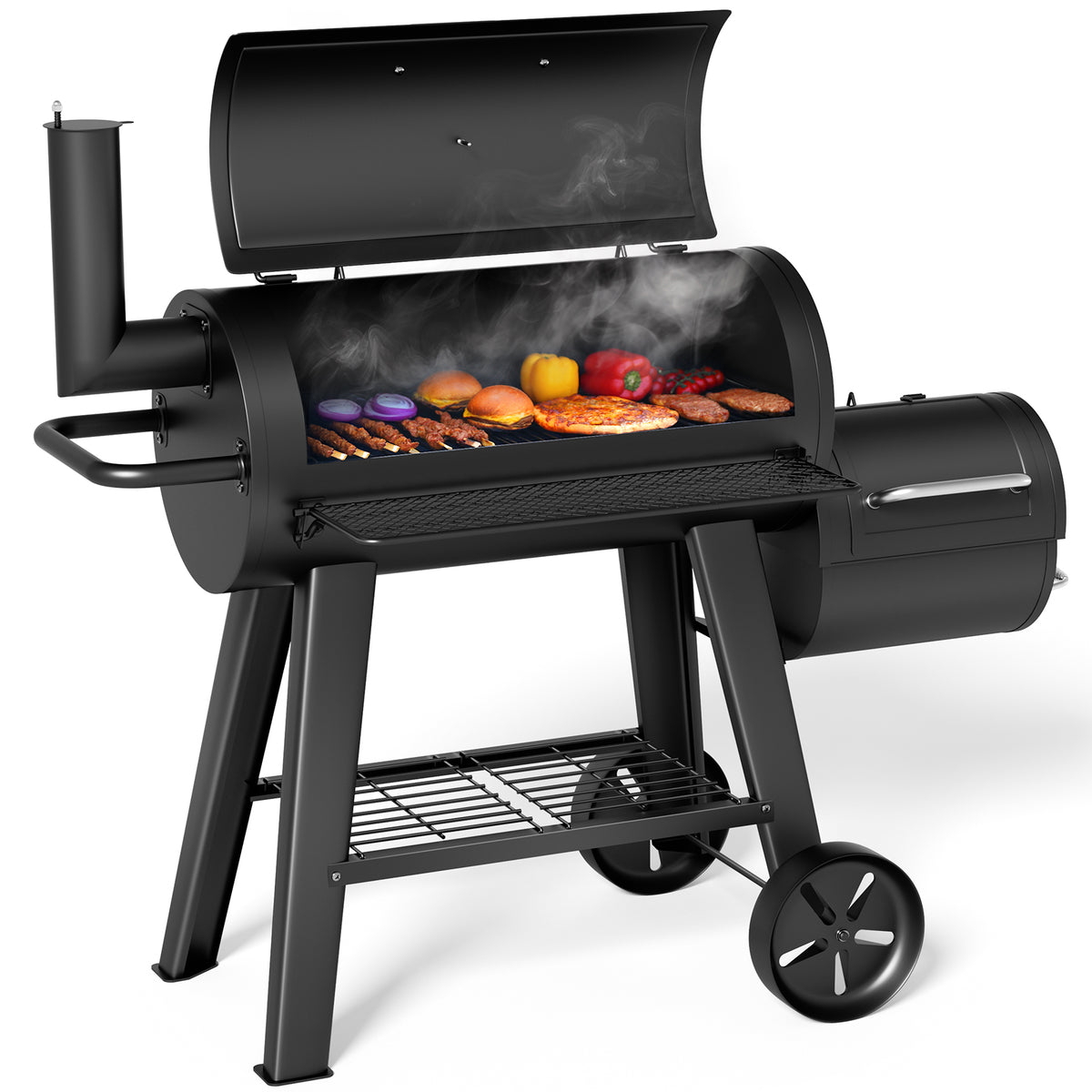 KingChii 729 SQ.IN. Charcoal Grills with Charcoal Wood Offset Smokers for Outdoor Patio BBQ Grilling, Black