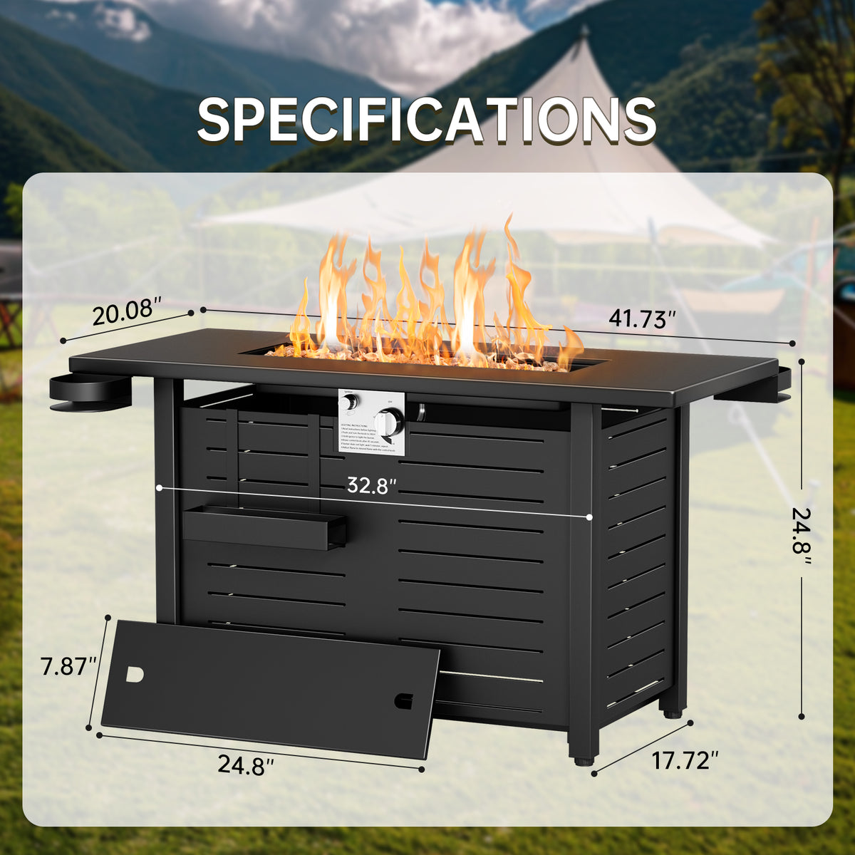 KingChii 45 inch Propane Fire Pit with Lid, Glass Stone and Rain Cover, 60,000 BTU Steel Gas Fire Pit Table for Outdoor, Garden, Patio and Backyard, Black