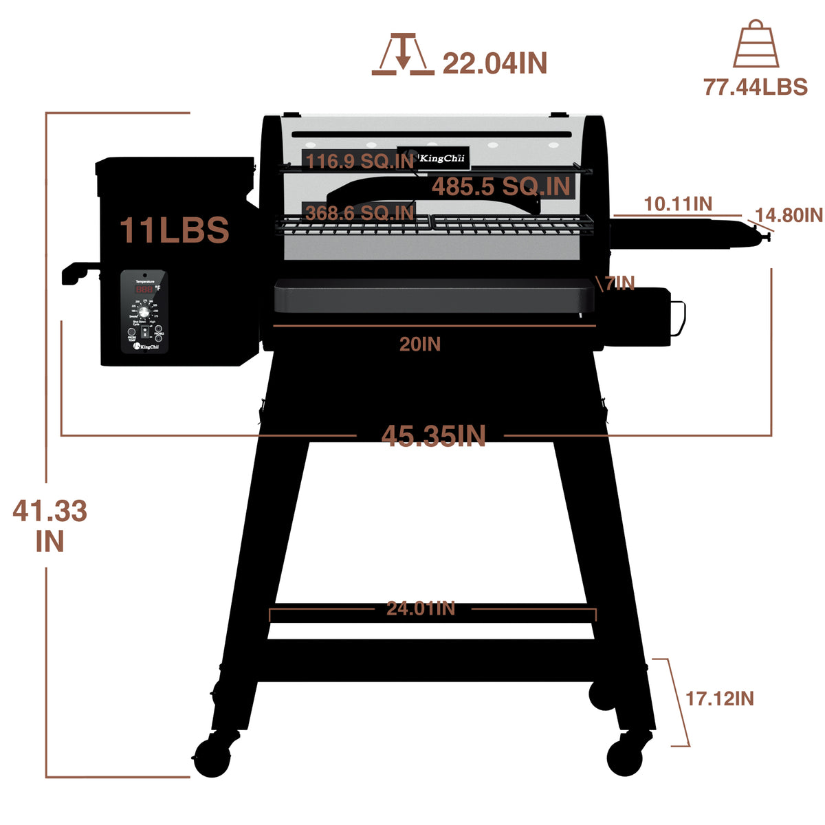KingChii 485 Sq In Wood Pellet Grill Dimensions with Detachable Legs for Easy Transport
