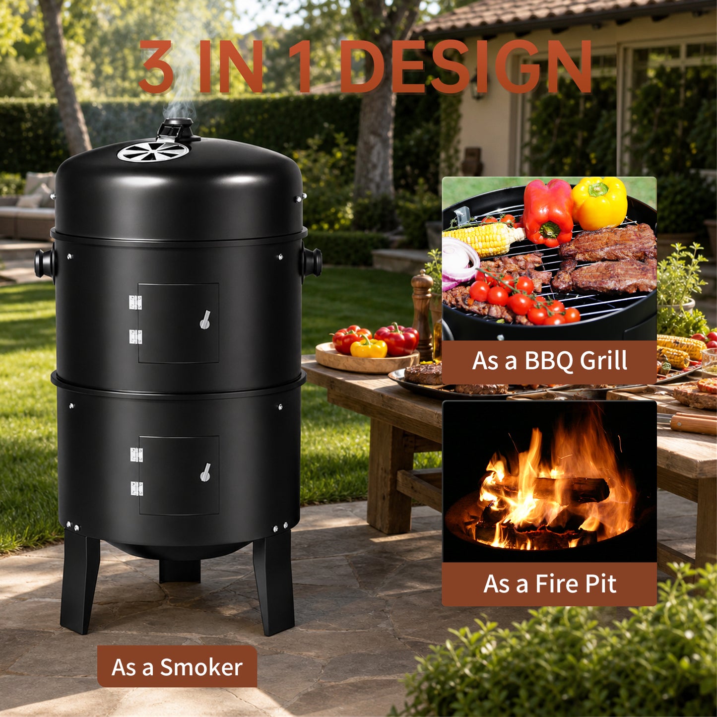 KingChii 3 in 1 Vertical Charcoal Smoker Grill BBQ Smoker for Outdoor, Patio Backyard Camping, Black