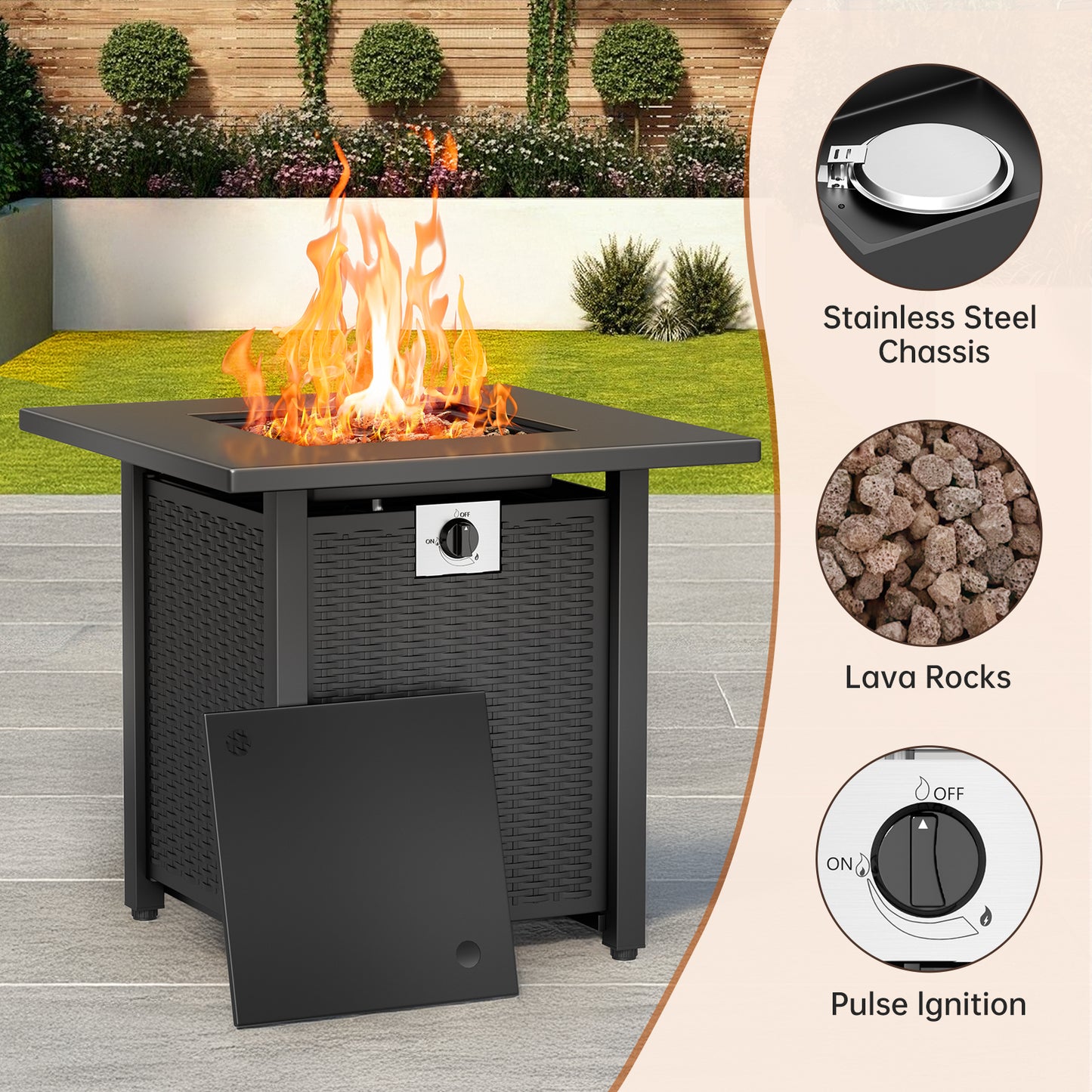 KingChii 28 inch Propane Fire Pit with Lid and Lava Rock, 50,000 BTU Steel Gas Fire Pit Table for Outdoor, Garden, Patio and Backyard, Black