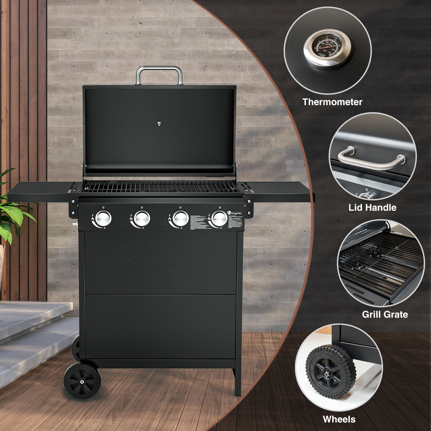 KingChii Outdoor Flat Top Gas Grill with Storage Cabinet and Easy Grease Management
