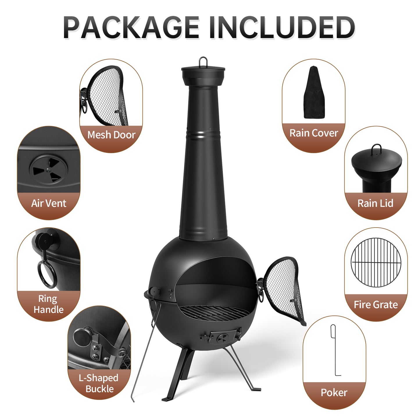 KingChii Chiminea Outdoor Fireplace, Wooden Fire Pit for Patio Backyard with Cover, Black