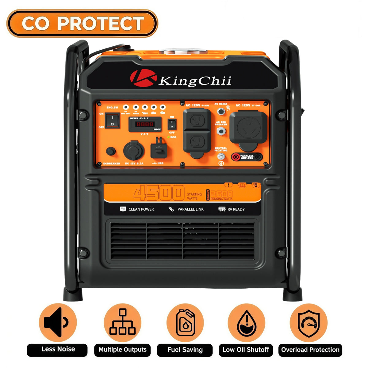 KingChii 4500W Inverter Generator Gas Powered, Open Frame Generator with CO Sensor, Portable Outdoor Power Equipment for Camping, RV & Home Backup, EPA Compliant