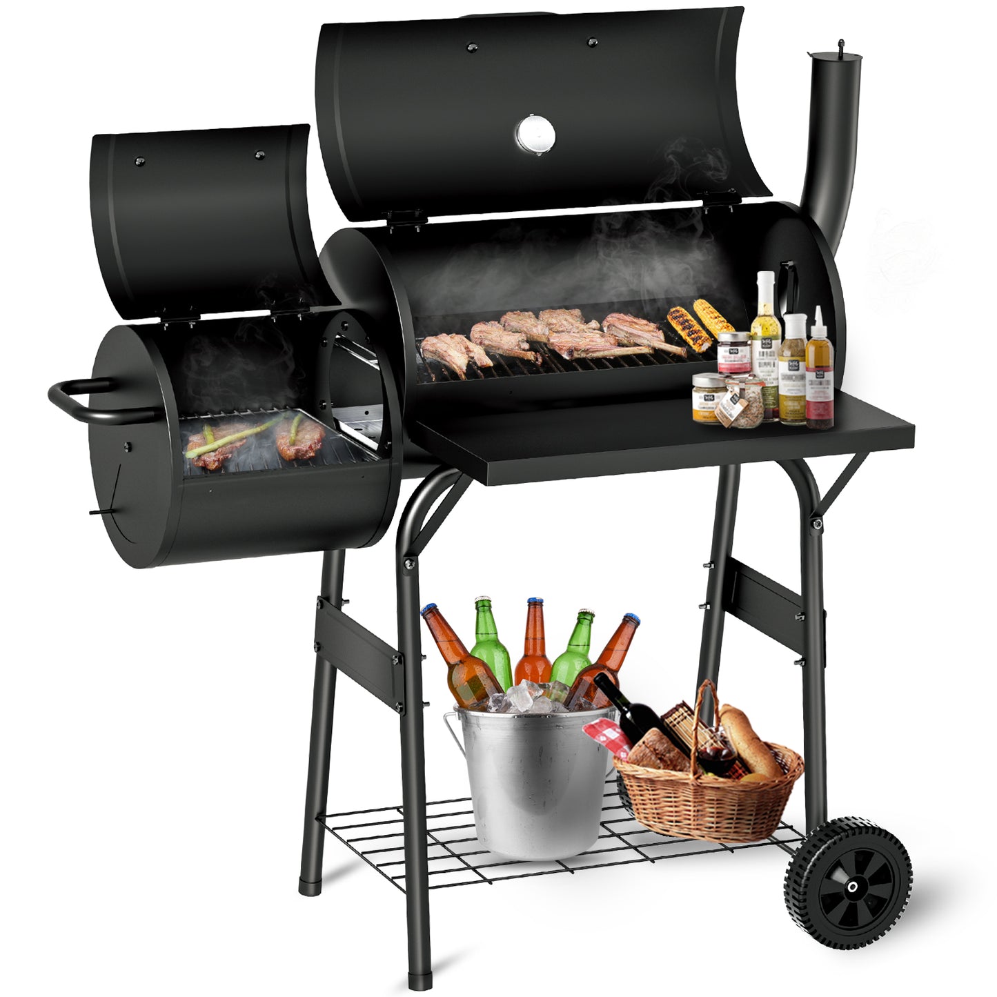 KingChii BBQ Charcoal Smoker and Grills, Offset Smoker for Outdoor, Garden, Patio and Backyard, Black