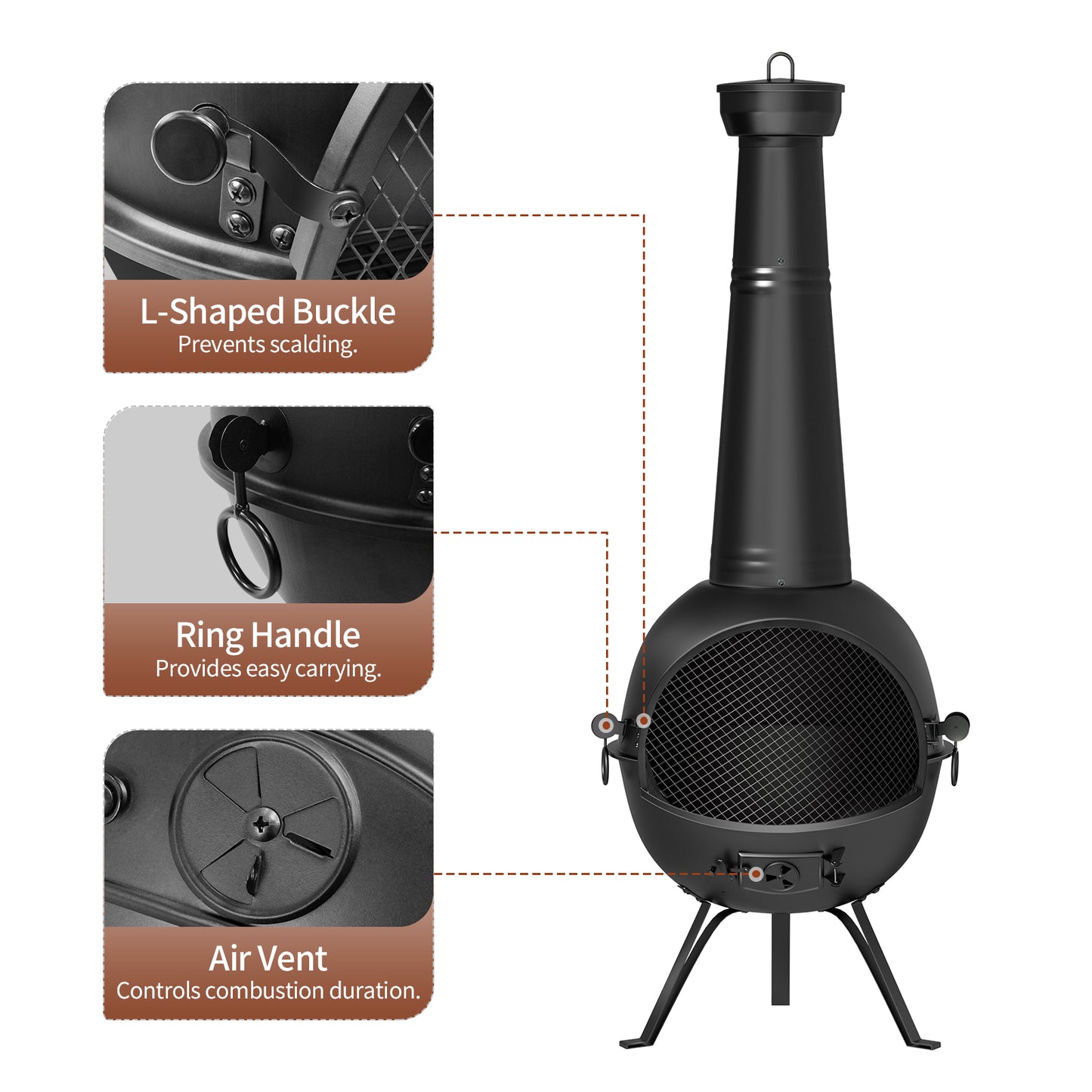 KingChii Chiminea Outdoor Fireplace, Wooden Fire Pit for Patio Backyard with Cover, Black