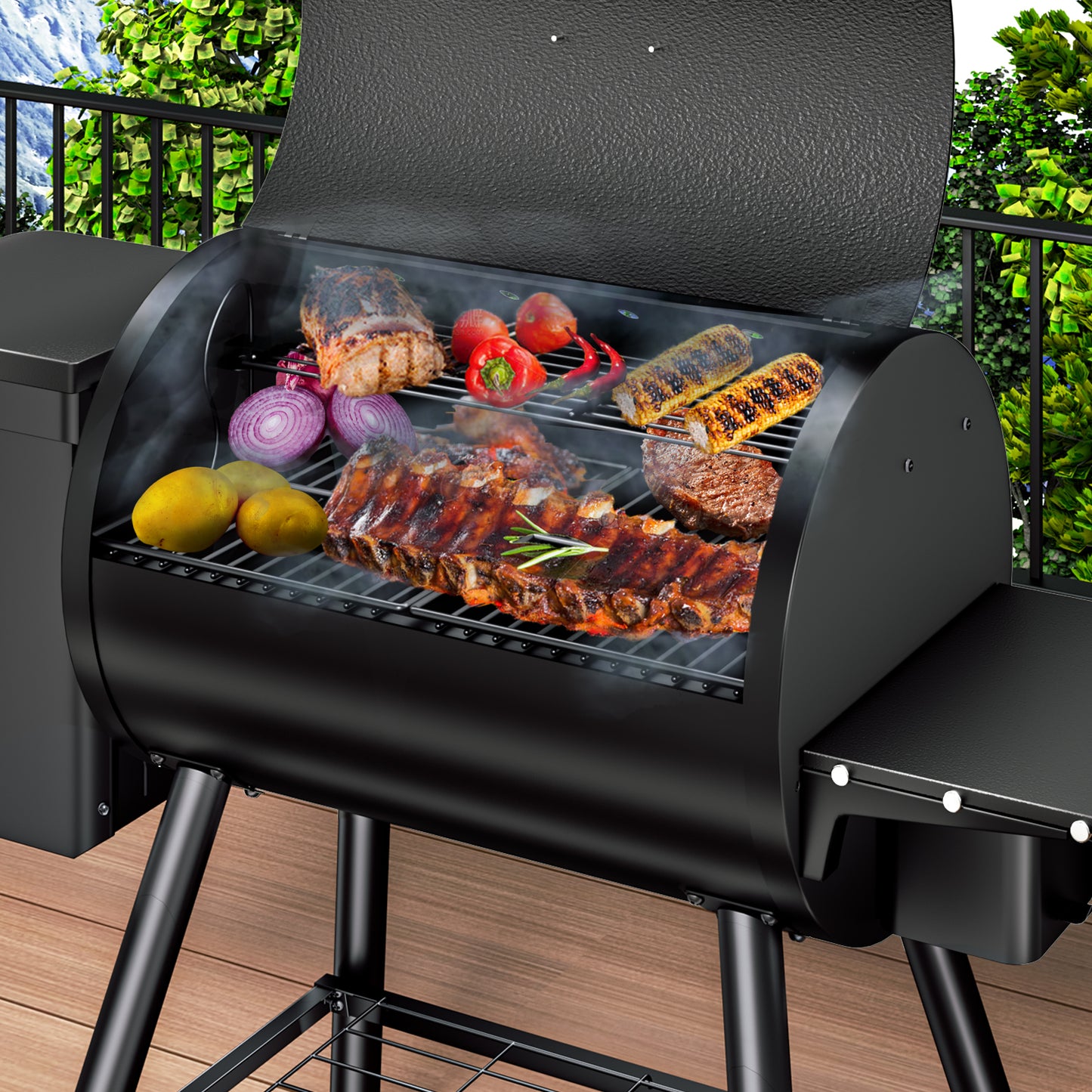 KingChii 456 Sq In Black Pellet Grill & Smoker with Side Shelf and Cover
