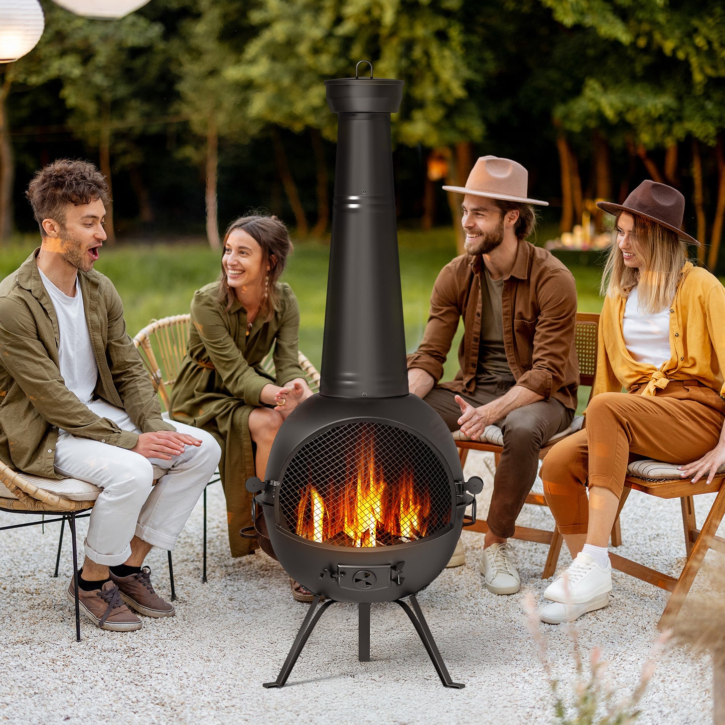 KingChii Chiminea Outdoor Fireplace, Wooden Fire Pit for Patio Backyard with Cover, Black