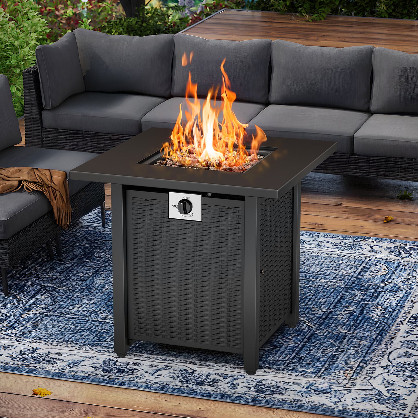 KingChii 28 inch Propane Fire Pit with Lid and Lava Rock, 50,000 BTU Steel Gas Fire Pit Table for Outdoor, Garden, Patio and Backyard, Black