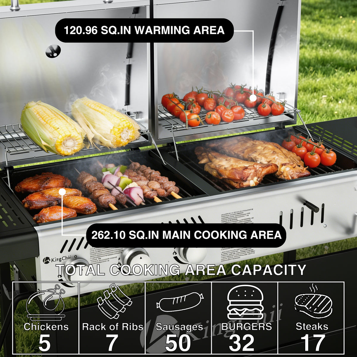 KingChii Dual Fuel Gas and Charcoal Grill Cooking Meat and Vegetables for Backyard BBQ
