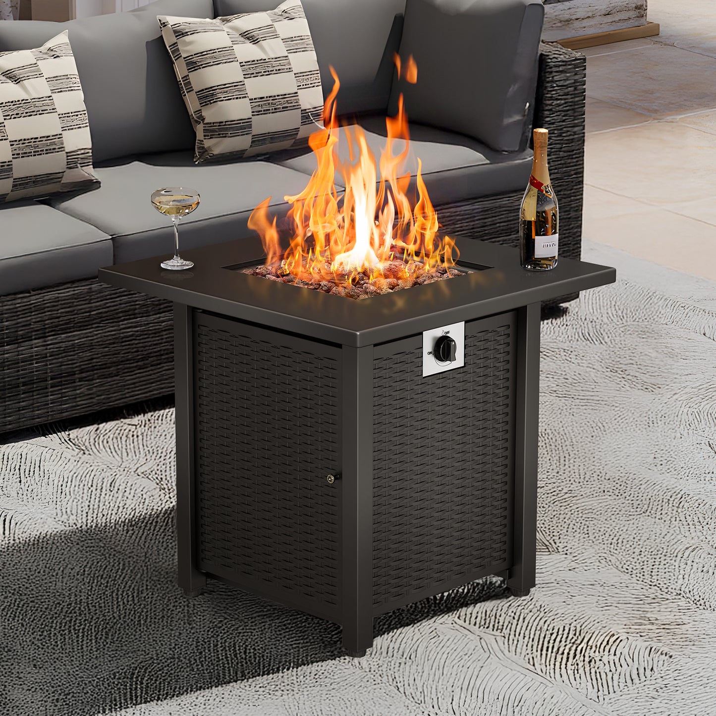 KingChii 28 inch Propane Fire Pit with Lid and Lava Rock, 50,000 BTU Steel Gas Fire Pit Table for Outdoor, Garden, Patio and Backyard, Black
