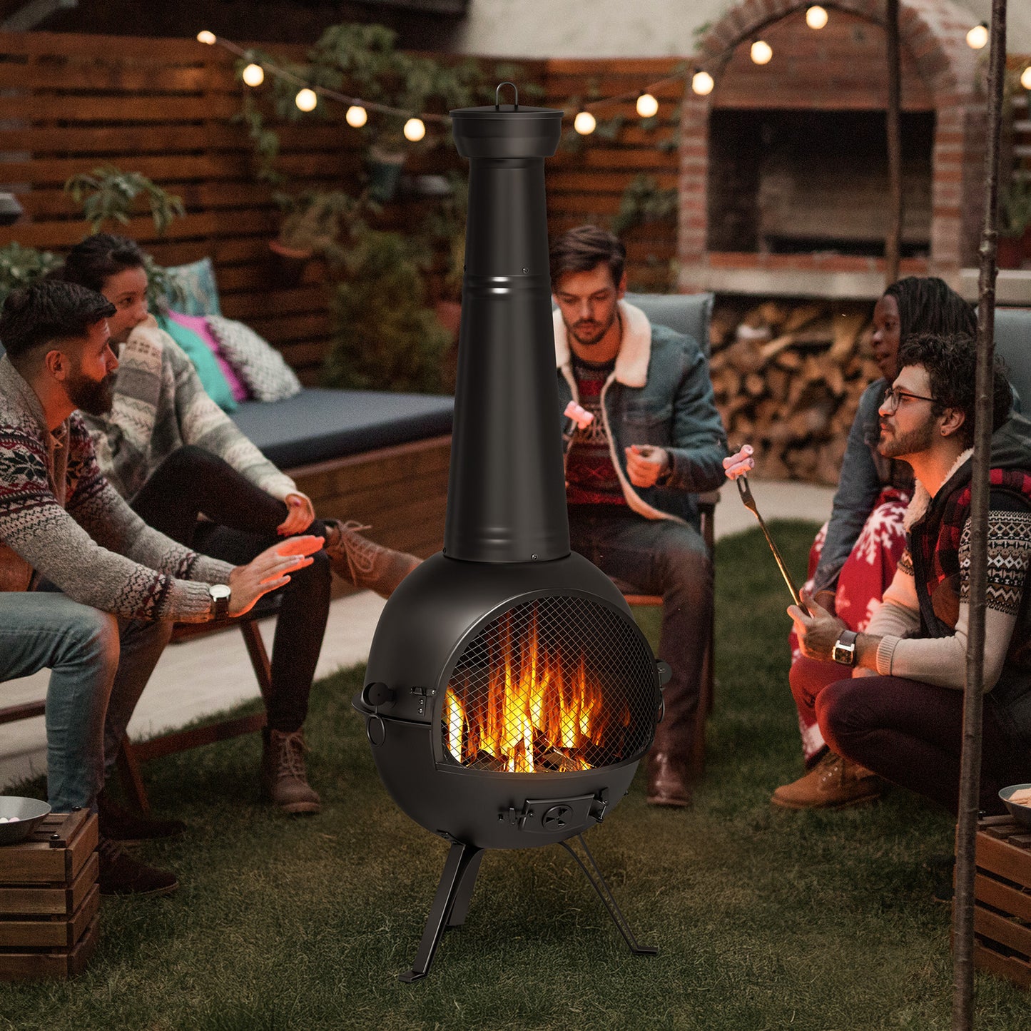 KingChii Chiminea Outdoor Fireplace, Wooden Fire Pit for Patio Backyard with Cover, Black