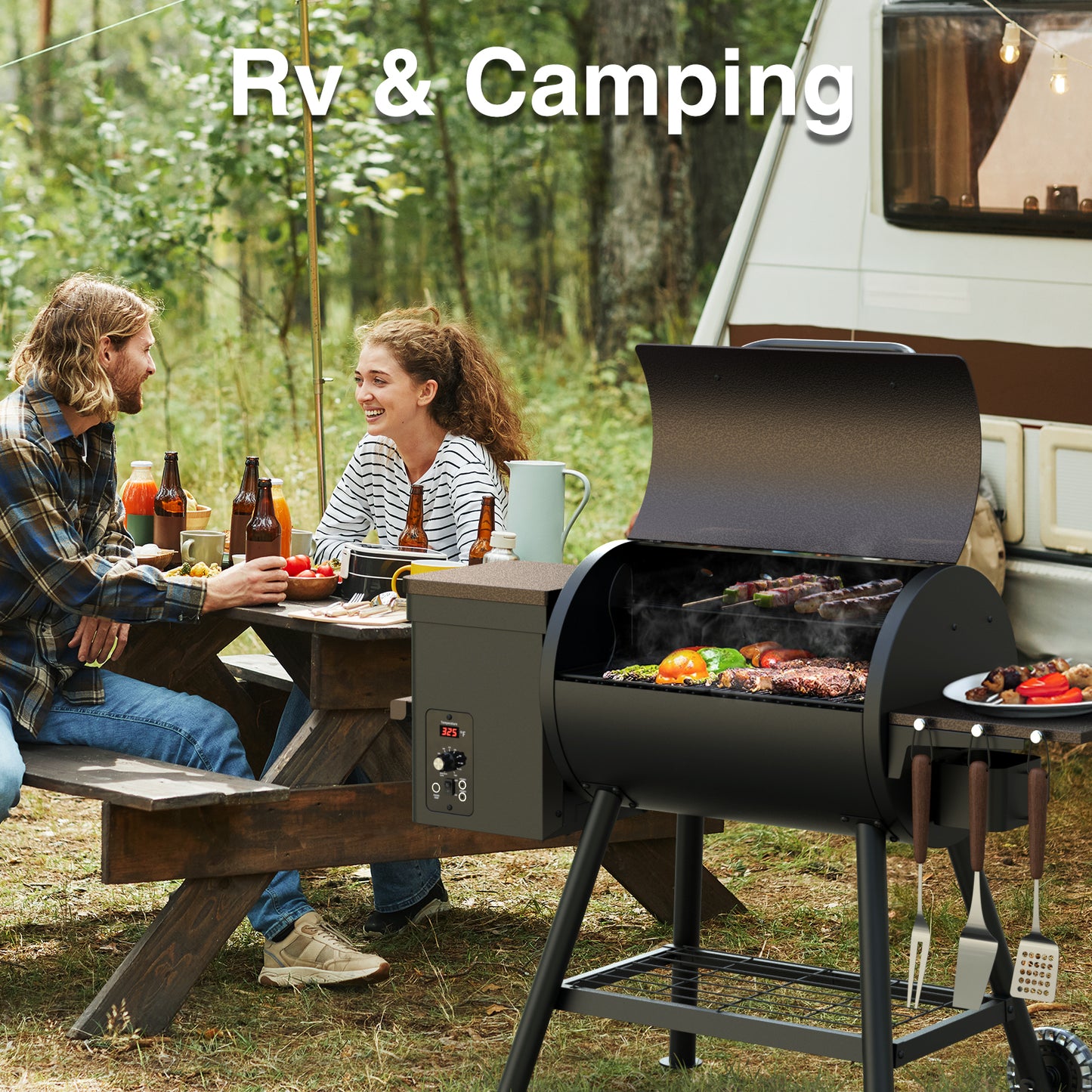 KingChii 456 SQ.IN Pellet Grill Smoker with Side Shelf, Brown