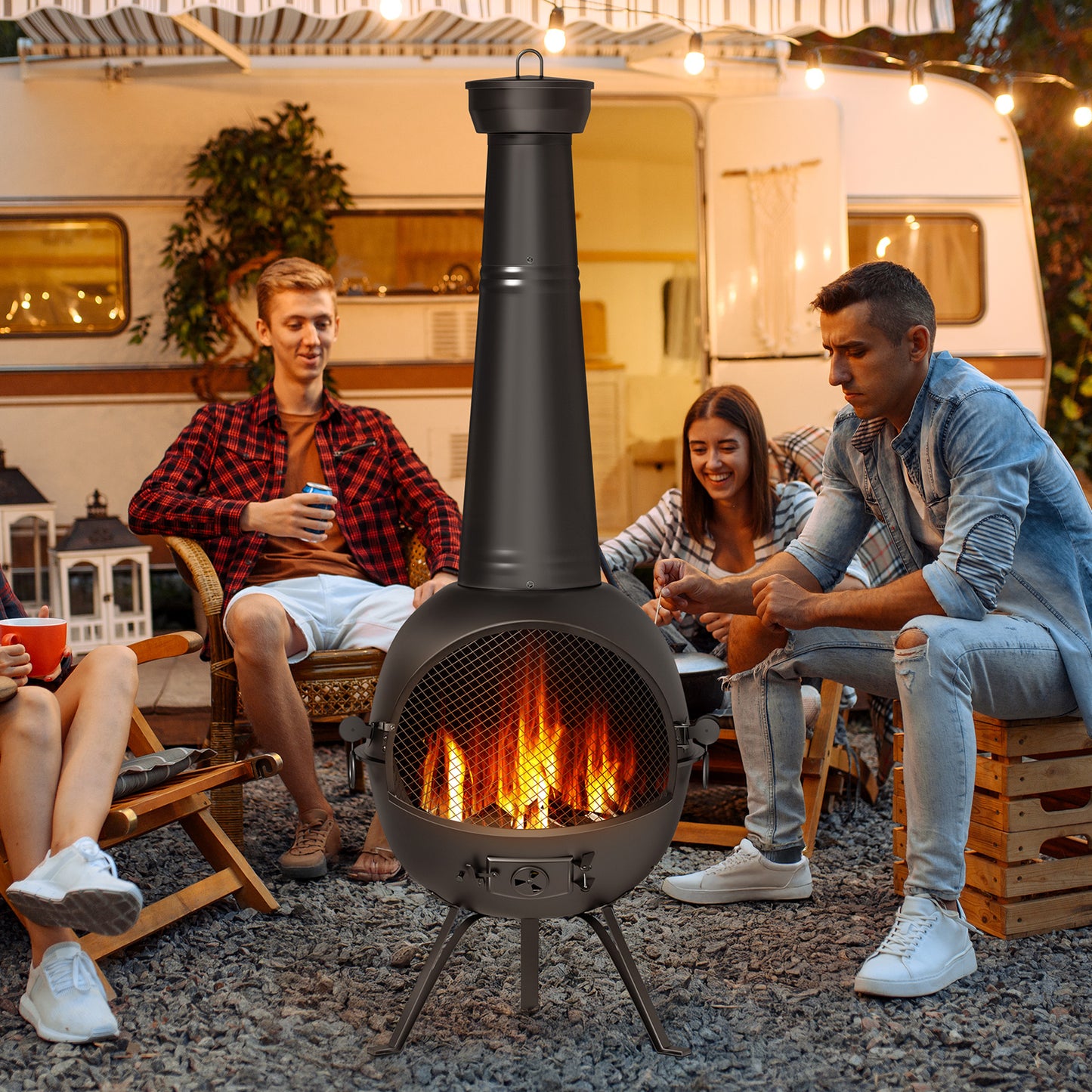 KingChii Chiminea Outdoor Fireplace, Wooden Fire Pit for Patio Backyard with Cover, Black