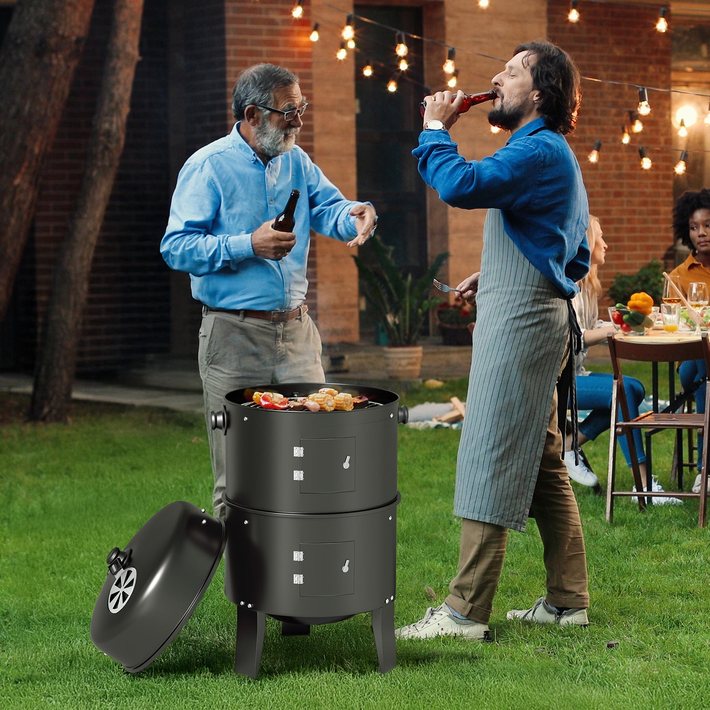 KingChii 3 in 1 Vertical Charcoal Smoker Grill BBQ Smoker for Outdoor, Patio Backyard Camping, Black
