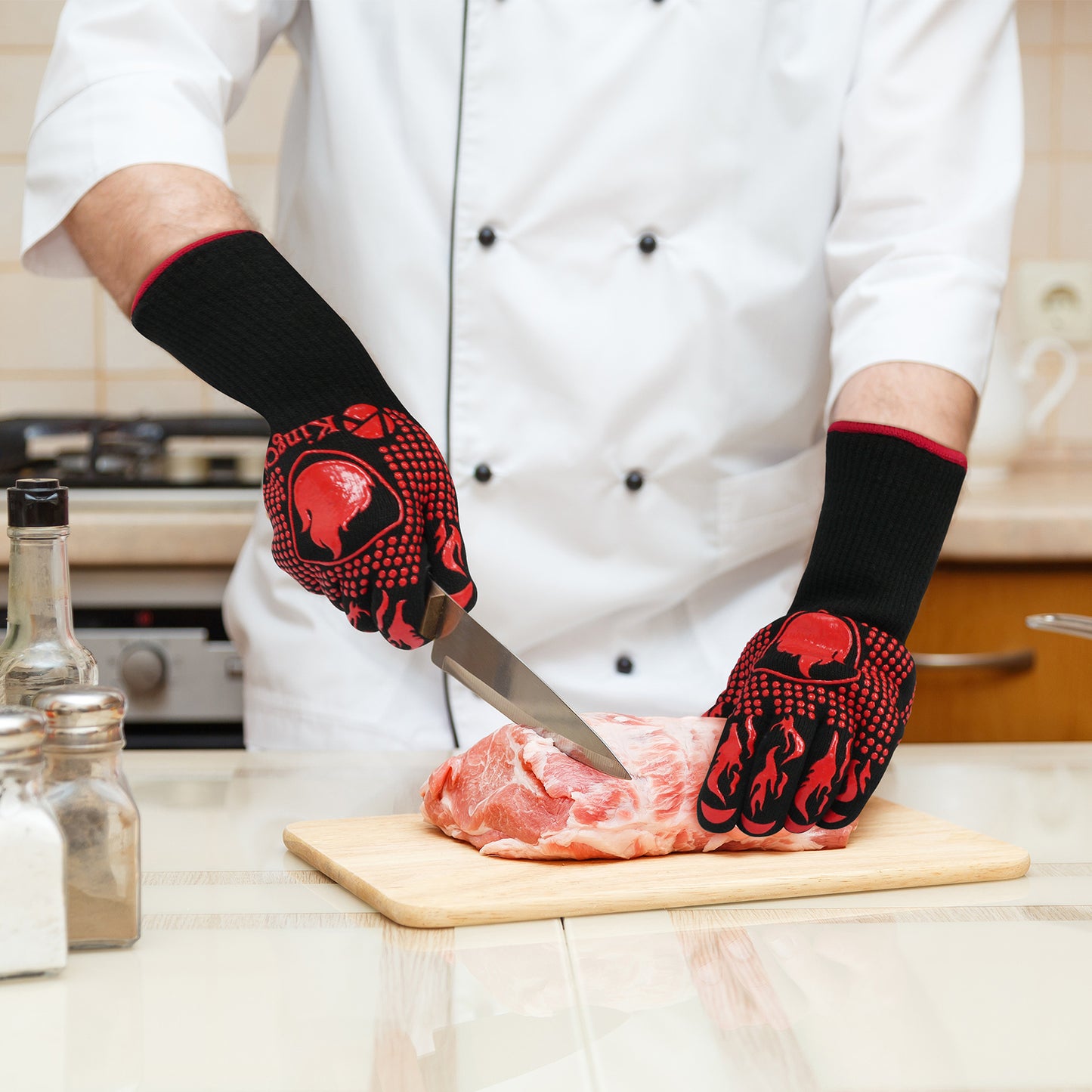 KingChii BBQ Gloves, 1472°F Heat Resistant Grilling Gloves, Non-Slip Silicone Oven Gloves, Long Kitchen Safety Gloves for Barbecue, Frying, Cooking, Baking, Red (No ratings yet)