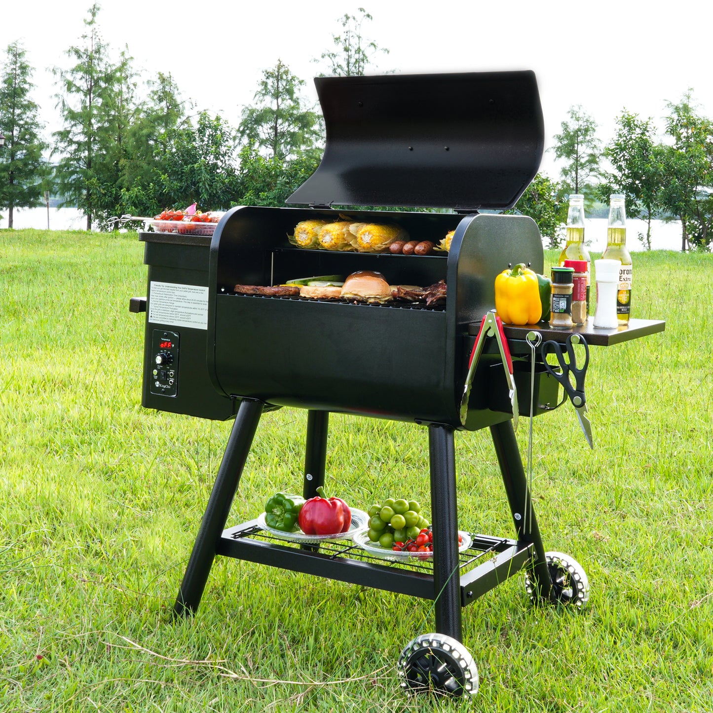 KingChii 456 Sq In Black Square Pellet Grill & Smoker with Side Shelf