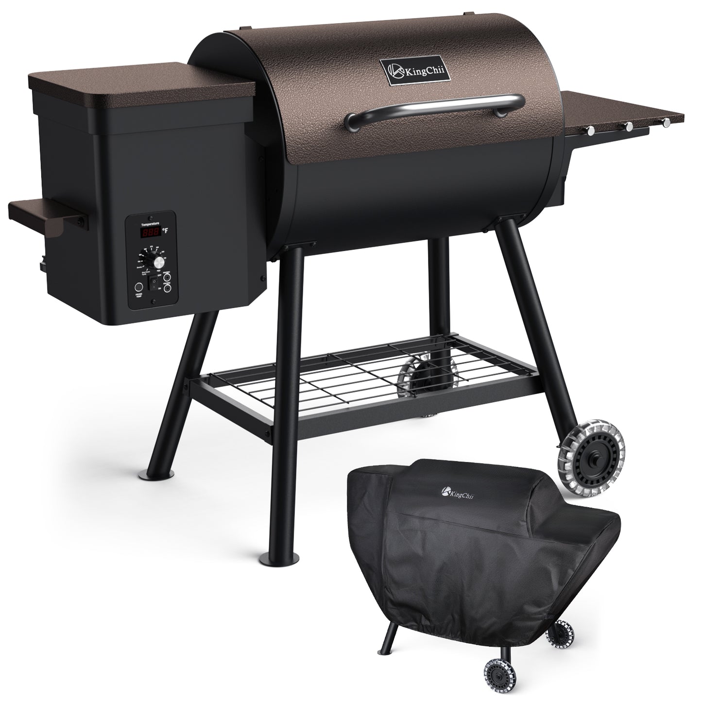 KingChii 456 SQ.IN Pellet Grill Smoker with Side Shelf, 8 IN 1 BBQ Grill with PID Temperature Control for Outdoor Cooking, BBQ Camping and Patio, Brown(Cover Including)