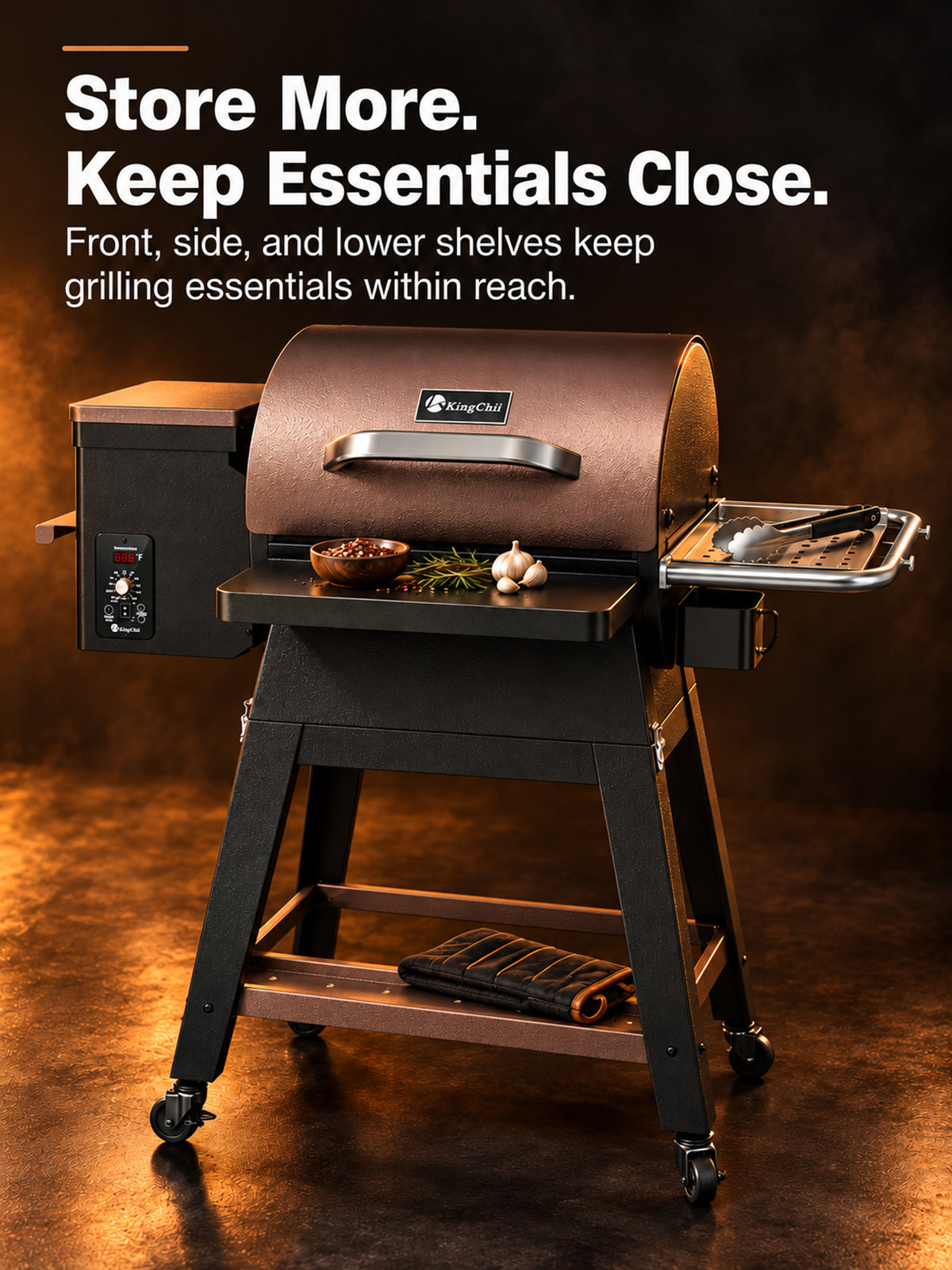 Nomad 485 pellet grill front side and lower storage shelves