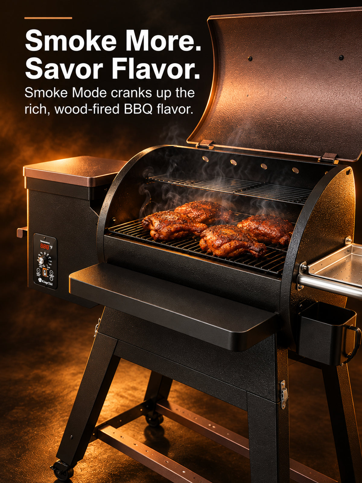 Nomad 485 wood pellet grill producing rich smoke for BBQ