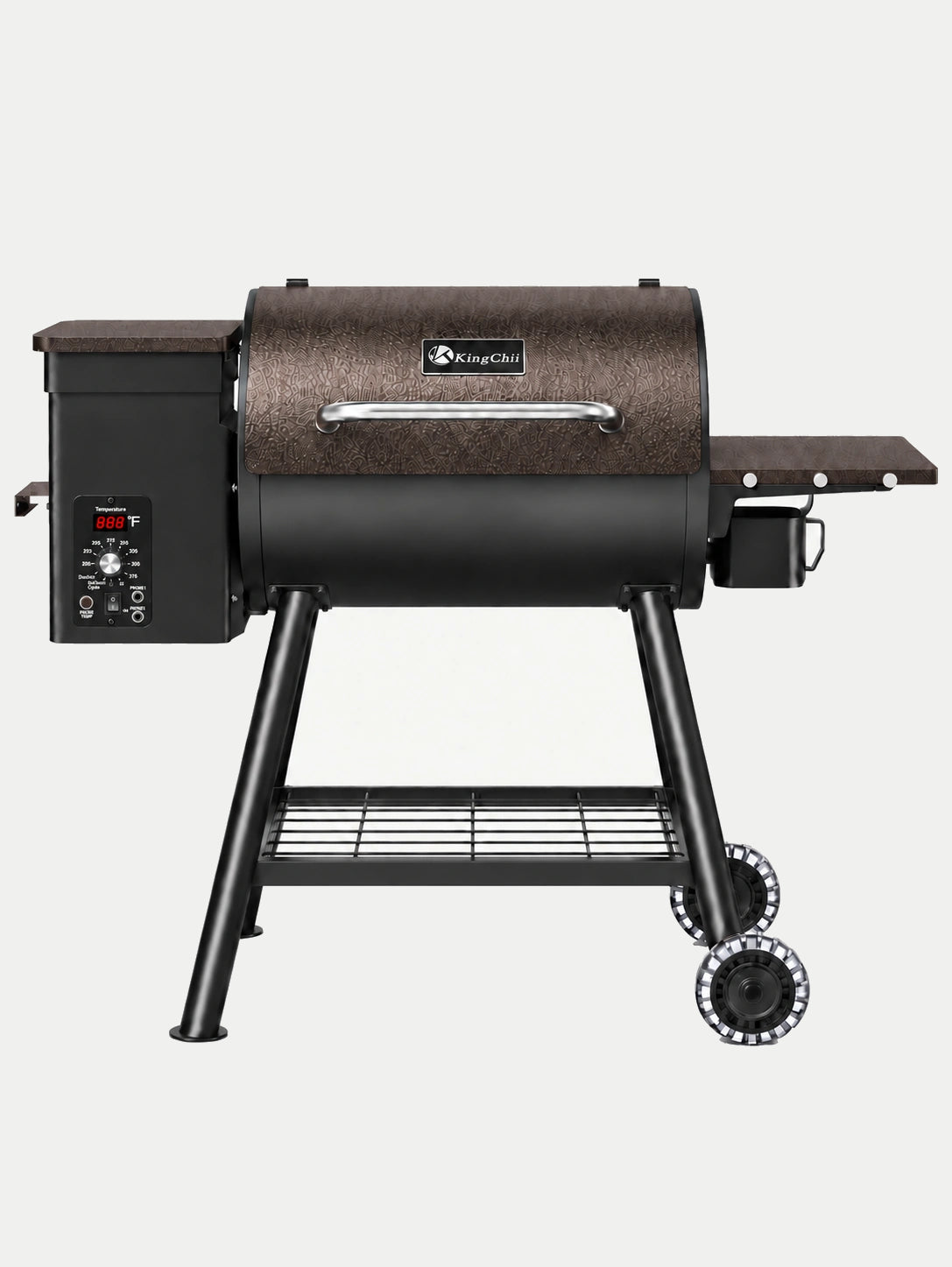 KingChii Ironcrest 456 pellet grill with side and lower storage shelves