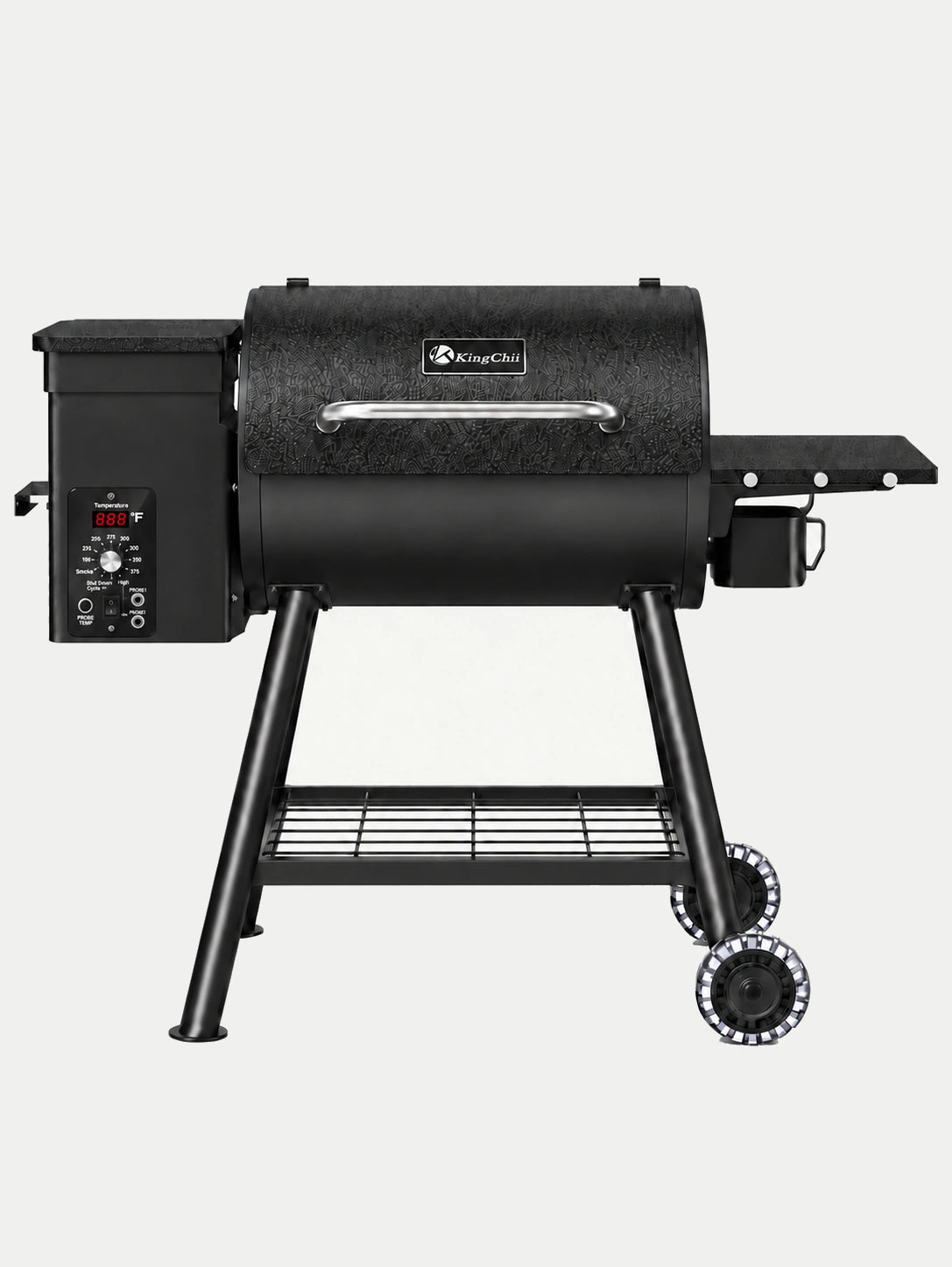 KingChii Ironcrest 456 black pellet grill with storage shelves