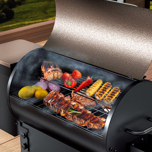 Food cooking on KingChii wood pellet grill and smoker for outdoor BBQ