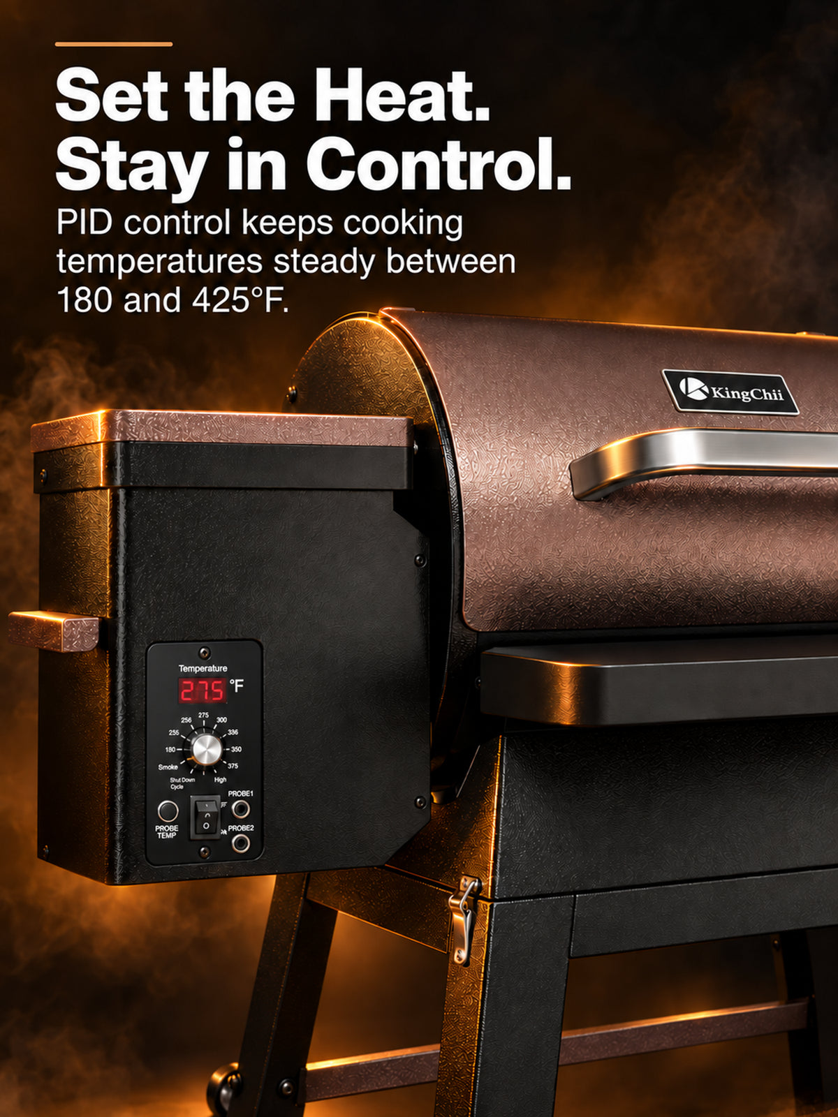 Nomad 485 pellet grill PID controller maintaining steady temperatures from 180 to 425°F