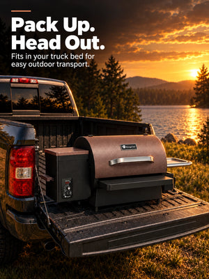 KingChii Nomad 485 detachable pellet grill packed in a pickup truck bed for outdoor transport