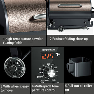 KingChii wood pellet grill features with digital temperature control and portable wheels
