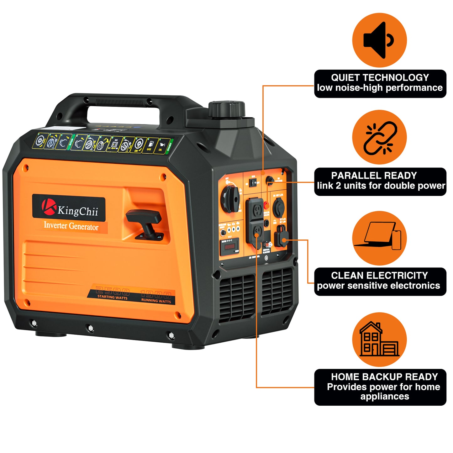 Kingchii 2500W Inverter Generator, Portable Gas Powered, RV Ready, ECO Mode, Low Oil Shutdown, EPA Compliant, for Camping & Home Backup
