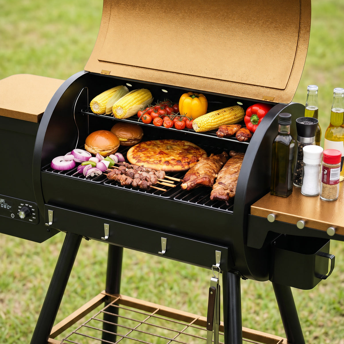KingChii Outdoor Wood Pellet Grill Cooking Meat and Vegetables for Backyard BBQ
