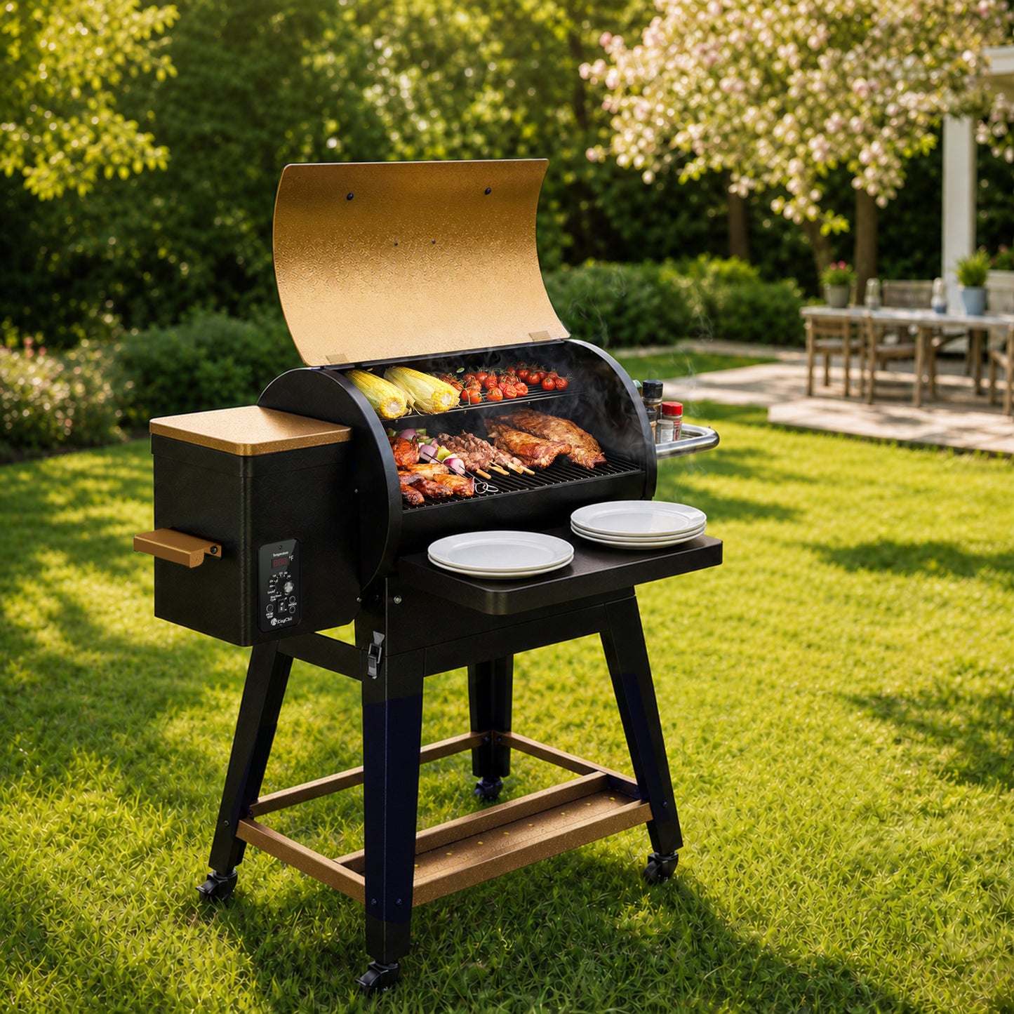 KingChii Wood Pellet Grill & Smoker with Detachable Body and Legs, Electric Pellet Smoker Grill, 485 Sq. In. Cooking Capacity, Easy to Move & Compact Storage for Outdoor Patio BBQ(Up to 425°F)