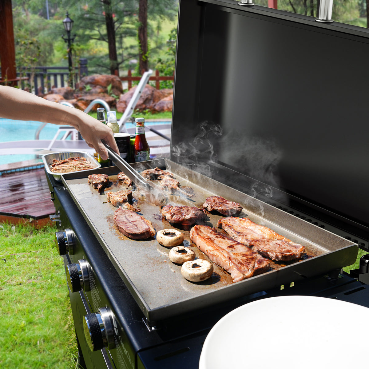 KingChii 3-Burner Flat Top Griddle Cooking Meat and Vegetables for Outdoor BBQ