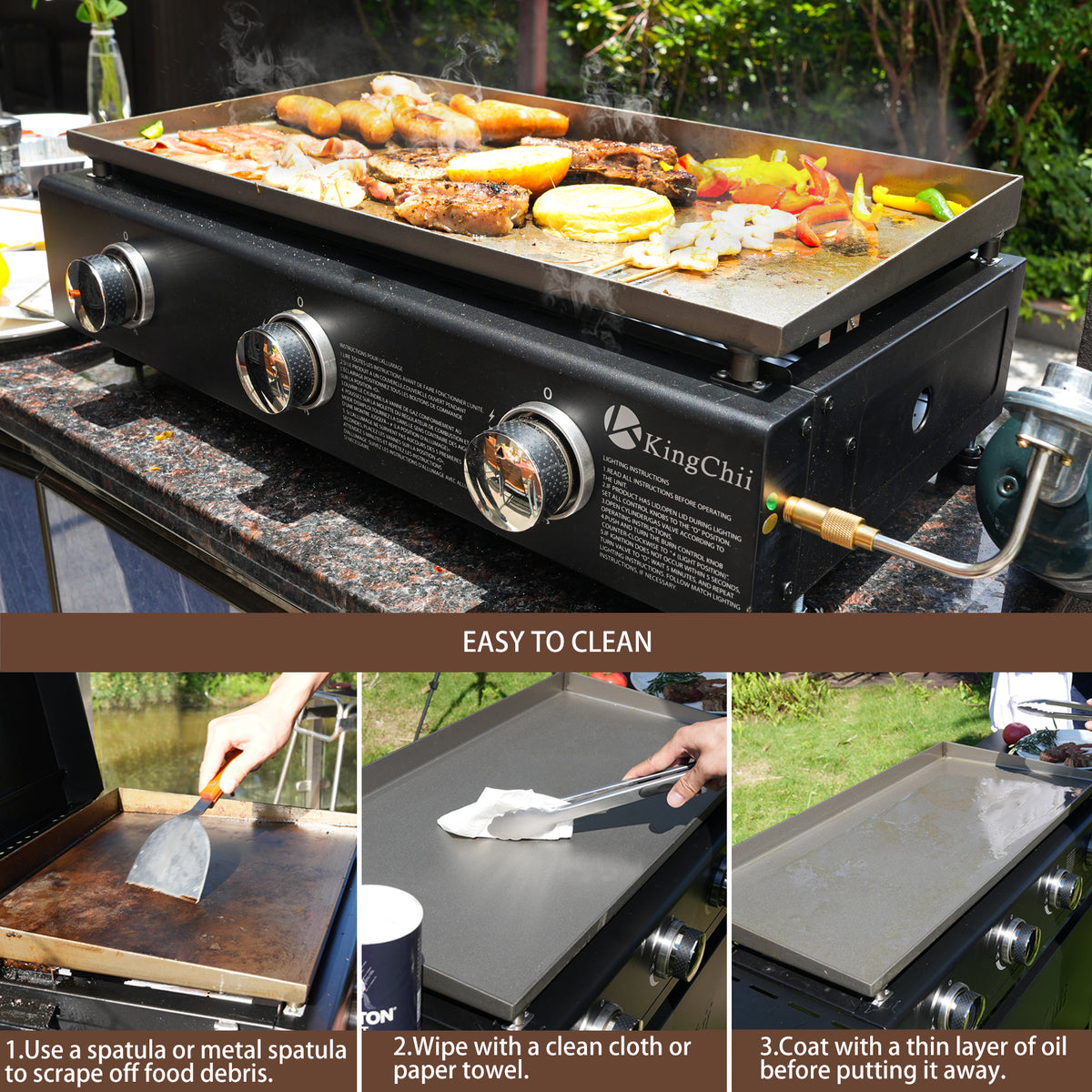 KingChii 27 Inch Outdoor Flat Top Grill with Three Adjustable Heat Controls