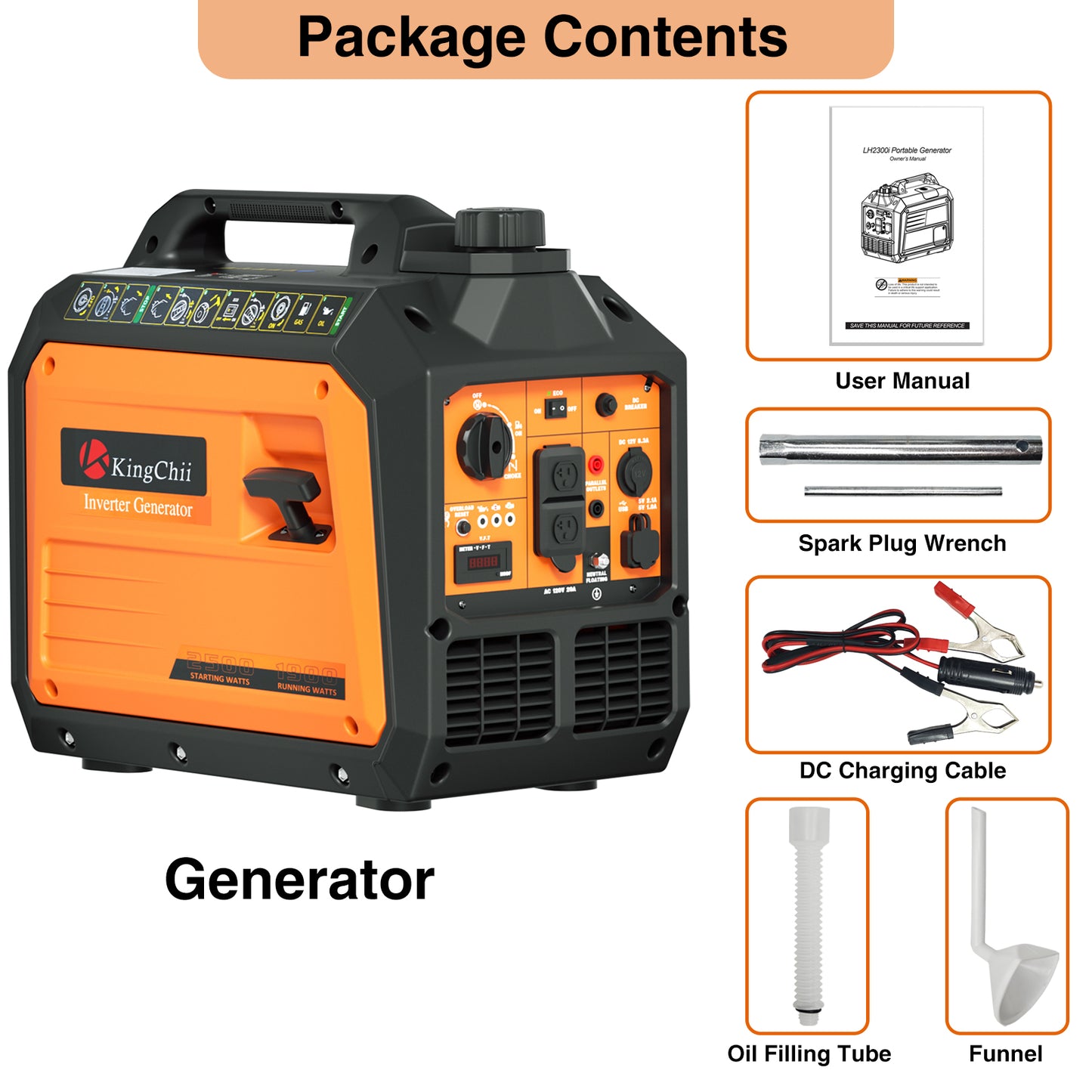 Kingchii 2500W Inverter Generator, Portable Gas Powered, RV Ready, ECO Mode, Low Oil Shutdown, EPA Compliant, for Camping & Home Backup