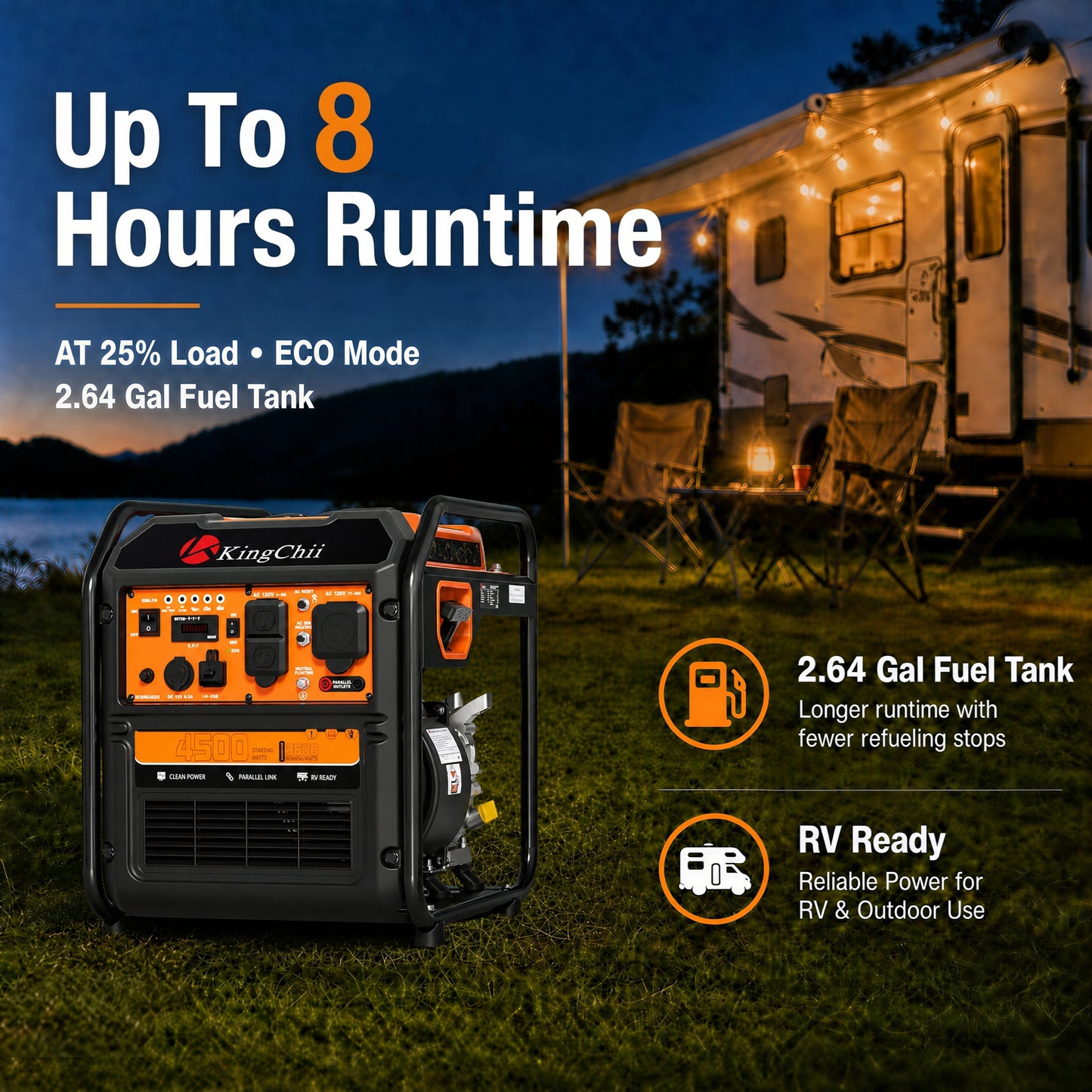 KingChii 4500W Inverter Generator Gas Powered, Open Frame Generator with CO Sensor, Portable Outdoor Power Equipment for Camping, RV & Home Backup, EPA Compliant