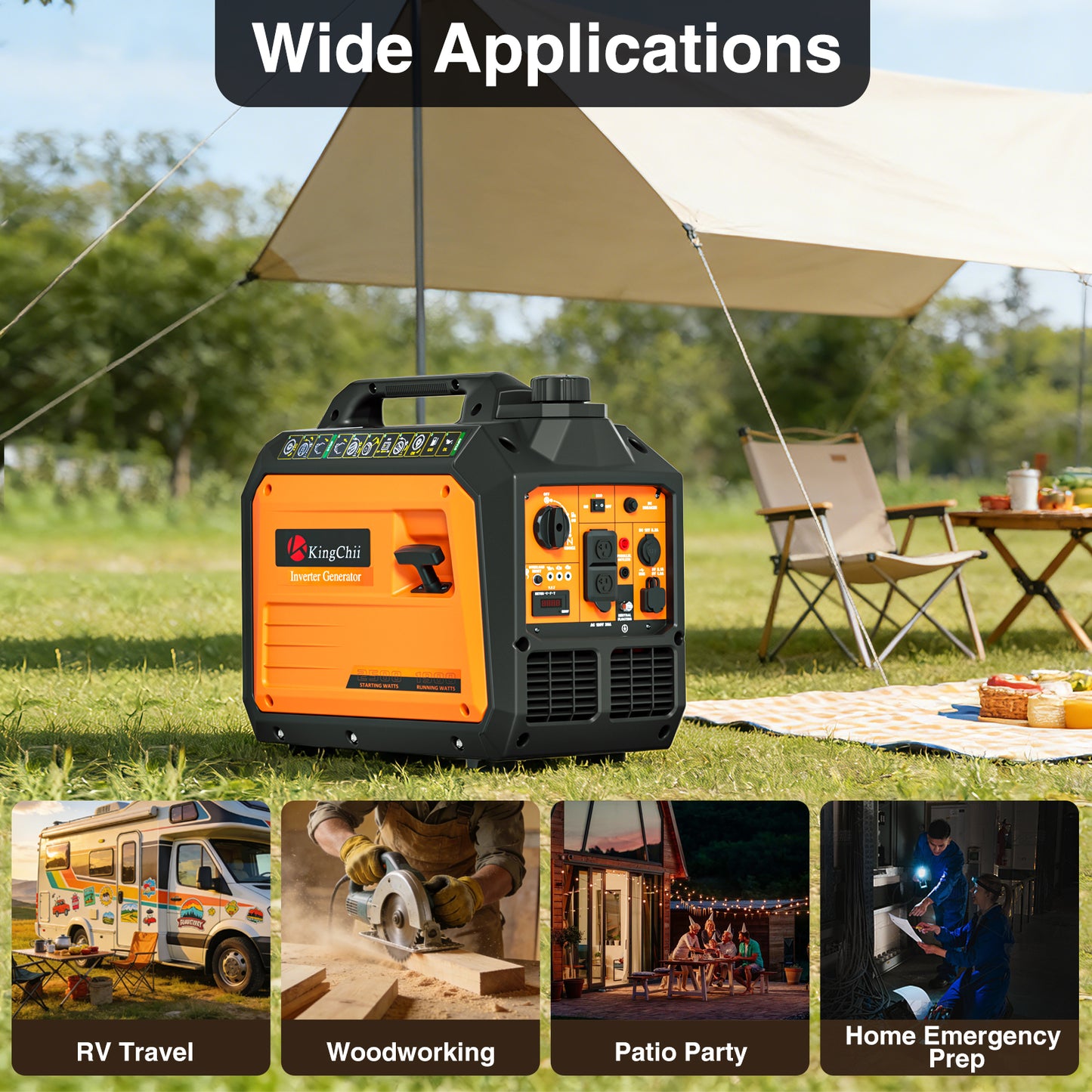 Kingchii 2500W Inverter Generator, Portable Gas Powered, RV Ready, ECO Mode, Low Oil Shutdown, EPA Compliant, for Camping & Home Backup