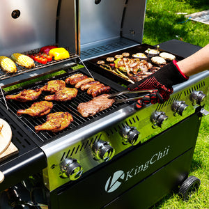 KingChii 2-in-1 Gas Grill and Flat Top Griddle Cooking Meat and Vegetables Outdoors