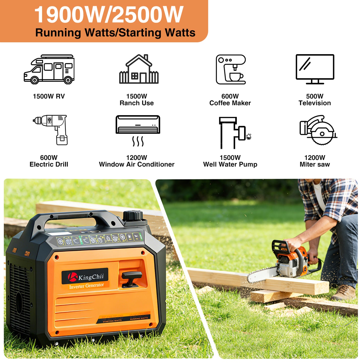 Kingchii 2500W Inverter Generator, Portable Gas Powered, RV Ready, ECO Mode, Low Oil Shutdown, EPA Compliant, for Camping & Home Backup