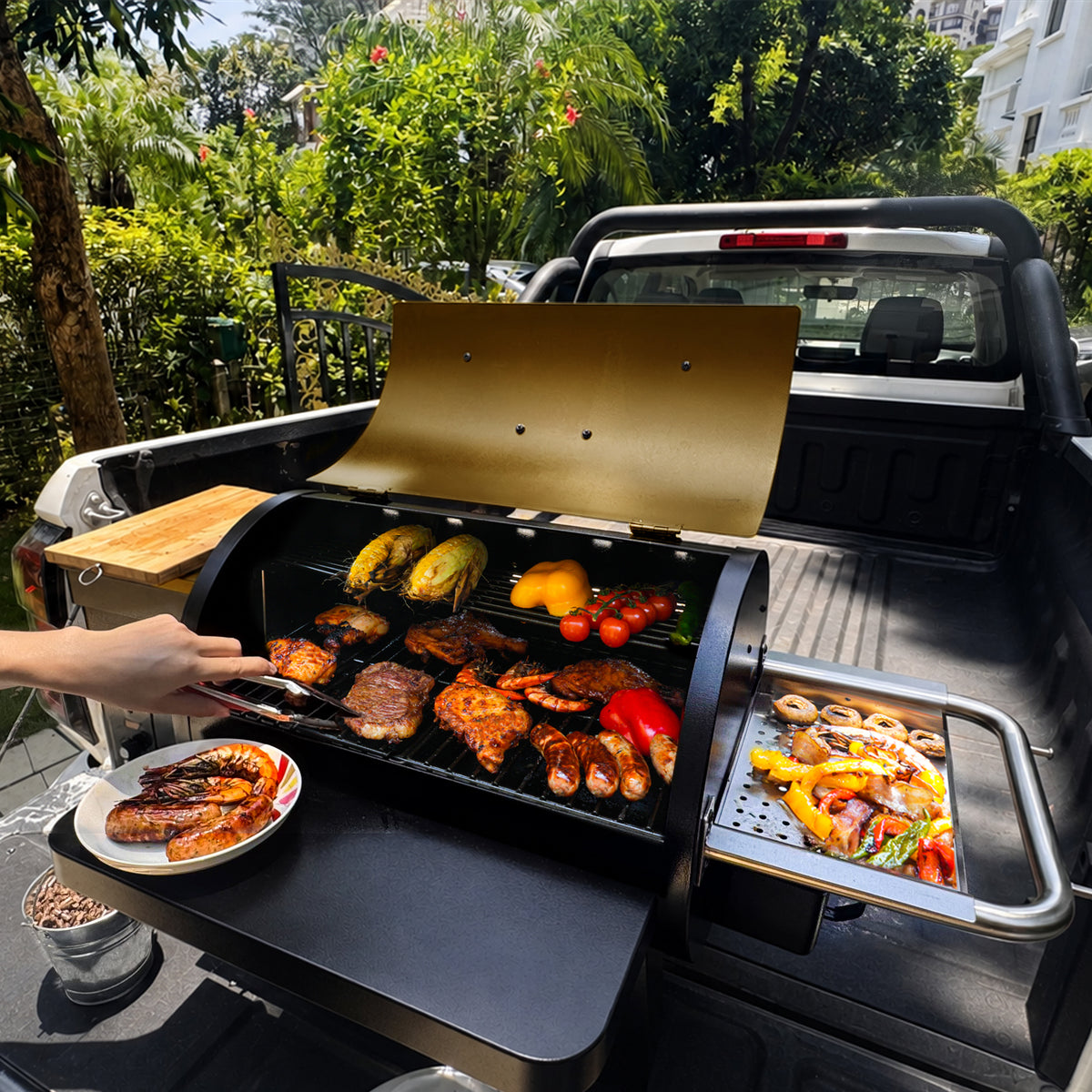 KingChii Pellet Grill Cooking Meat and Vegetables with Wood-Fired Flavor