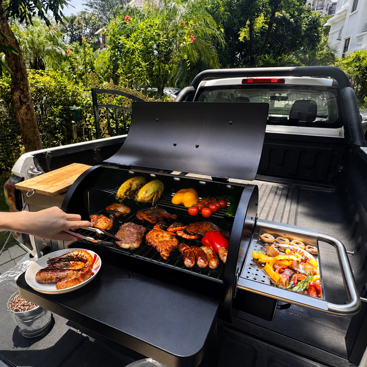 KingChii Wood Pellet Smoker Grill Cooking Meat and Vegetables for Outdoor BBQ