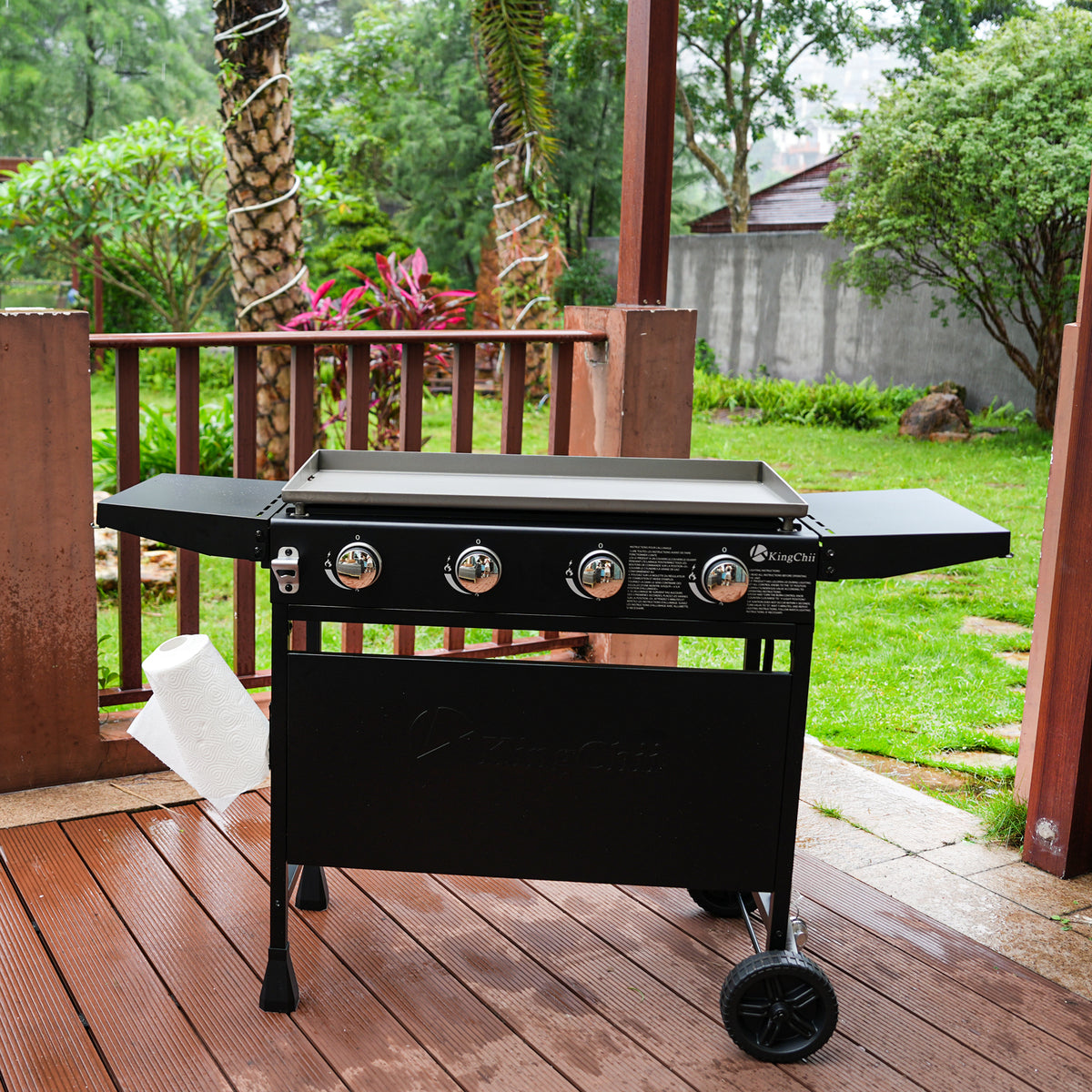 KingChii Outdoor Flat Top Gas Grill with Large Cooking Surface and Side Shelves