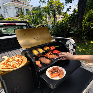 KingChii Portable Pellet Smoker Grill Cooking Steak and Vegetables Outdoors