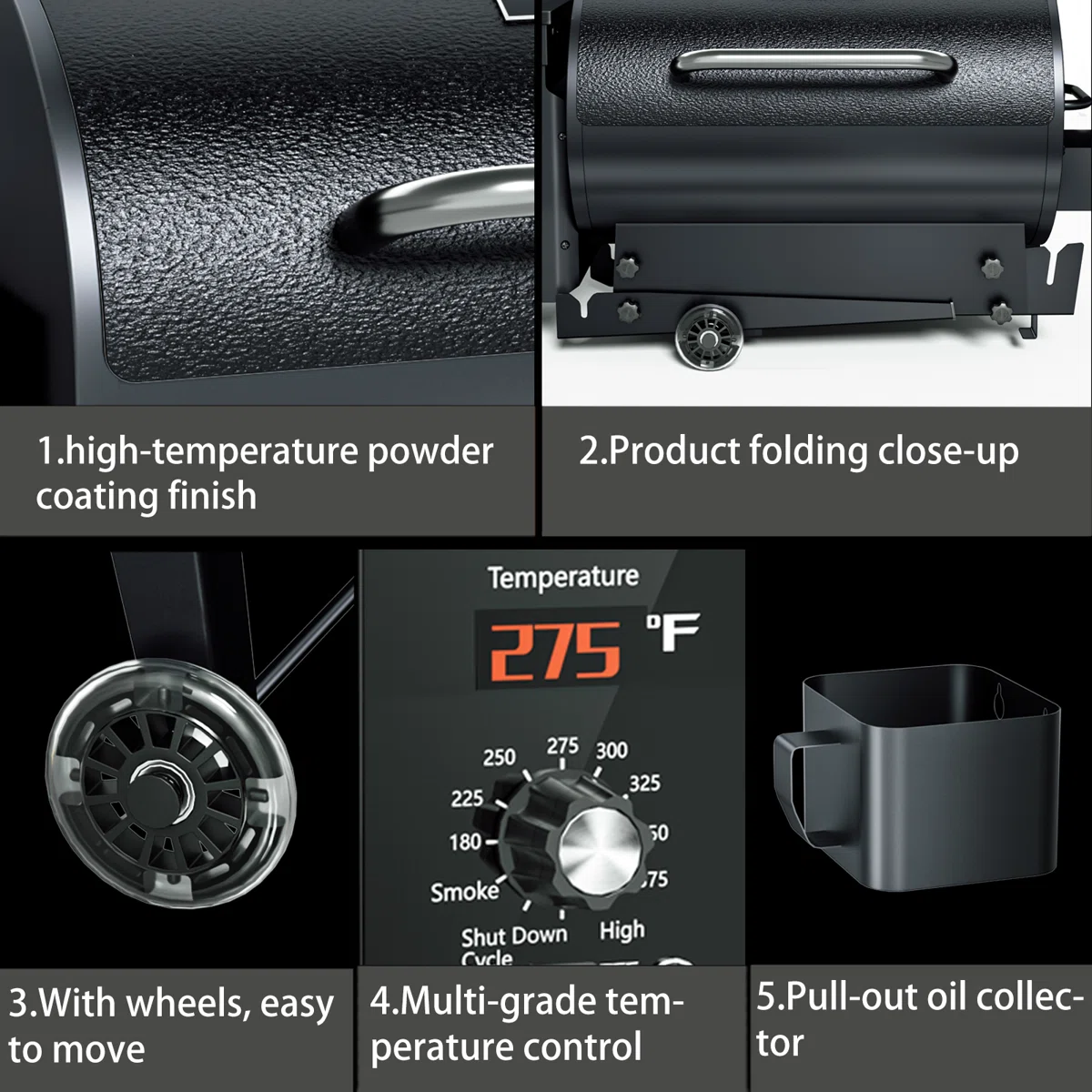 456 sq. in. Wood Pellet Grill and Smoker BBQ with PID Auto Temperature Control, Folding Legs for Patio or RV in Black